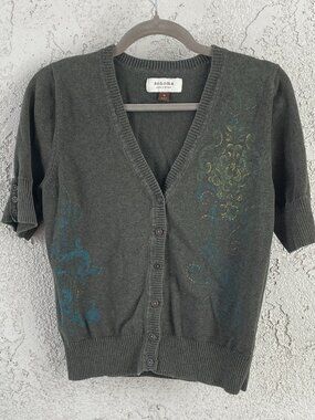 Green Floral Damask Short Sleeve V-Neck Button Cardigan Sweater Medium